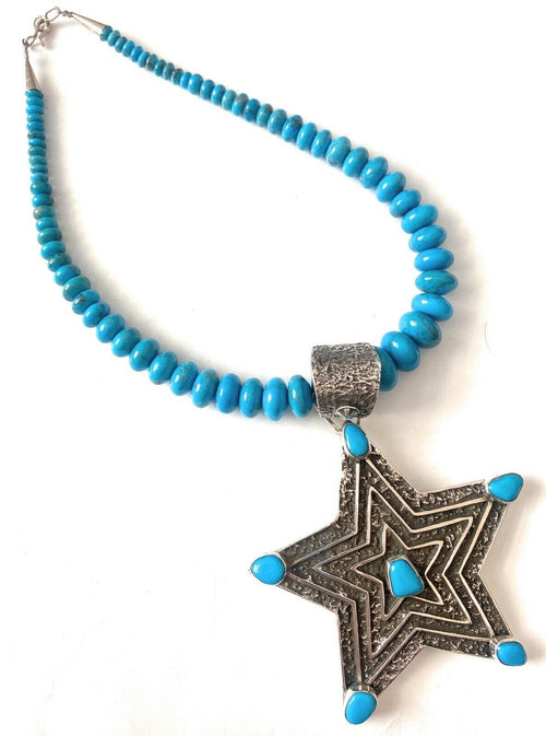 Navajo Turquoise & Sterling Silver Tufa Cast Star Beaded Necklace