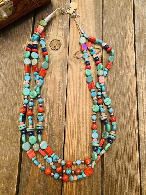 Navajo Sterling Silver & Multi Stone Beaded 3-Strand Necklace