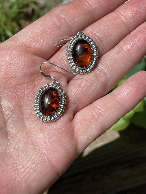 Navajo Sterling Silver and Bead Dot Style Amber Dangle Earrings