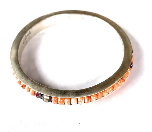 Navajo Spiny & Multi stone Sterling Silver Beaded Bangle Bracelet