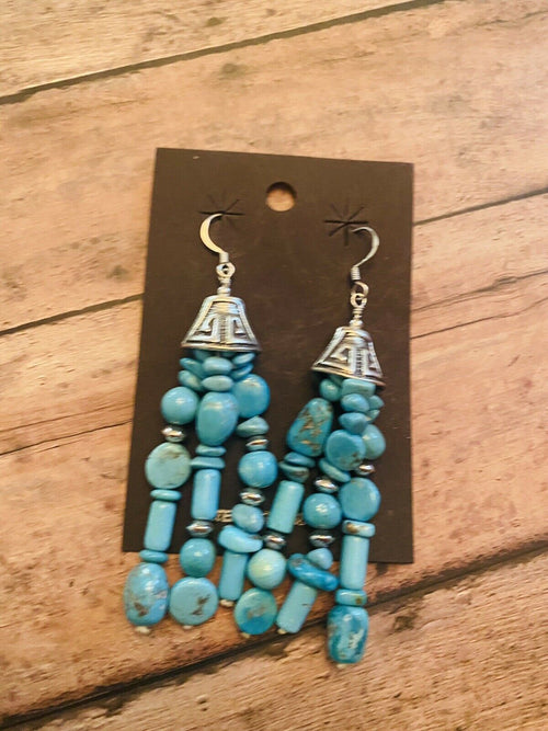 Navajo Turquoise And Sterling Silver Beaded Tassel Dangle Earrings