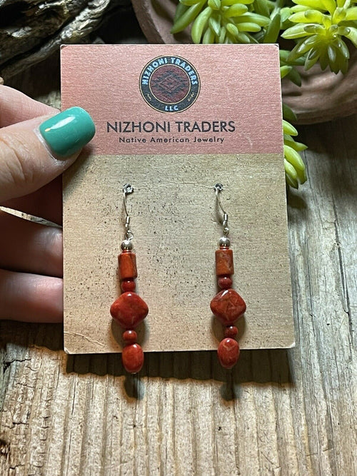 Navajo Sterling Silver Apple Coral Strand Beaded Earrings