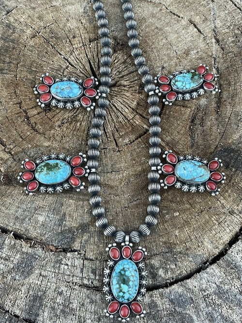 Handcrafted Sterling Kingman Turquoise Natural Red Coral Necklace Taos Collection