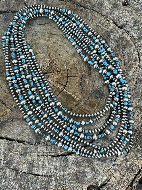 Navajo Turquoise Stone & Sterling Silver Beaded Necklace 15 Feet 3 Inches