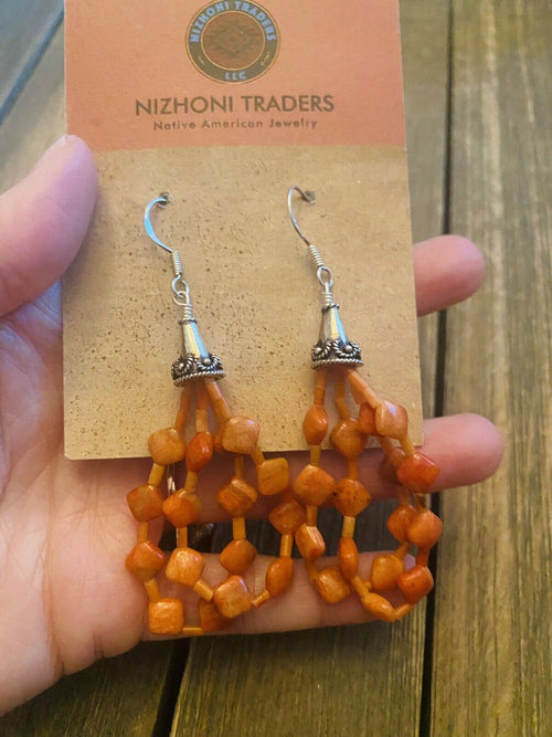 Navajo Sterling Silver Apple Coral Beaded Dangle Earrings