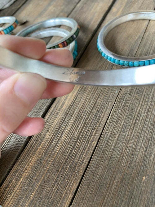 Navajo Spiny & Multi stone Sterling Silver Beaded Bangle Bracelet