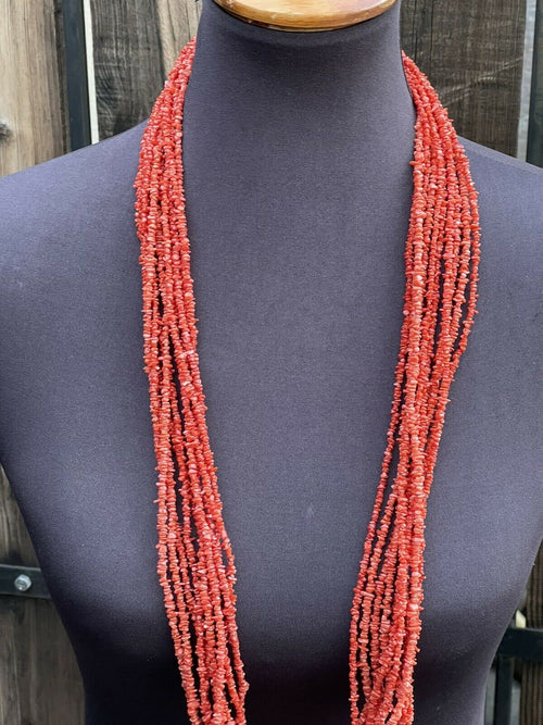 Navajo Sterling Silver Pink Coral 10 Strand Bead Necklack