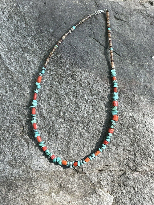 Navajo Turquoise, Heishi and Coral Beaded 16 Inch Necklace