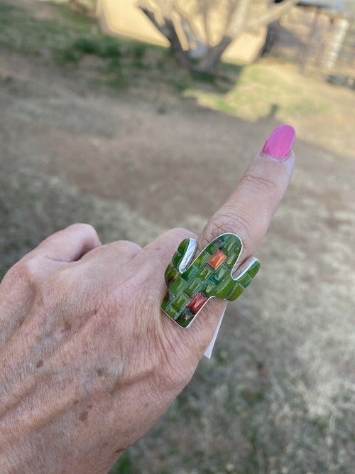 Turquoise & Spiny Sterling Silver Handmade Inlay Saguaro Ring