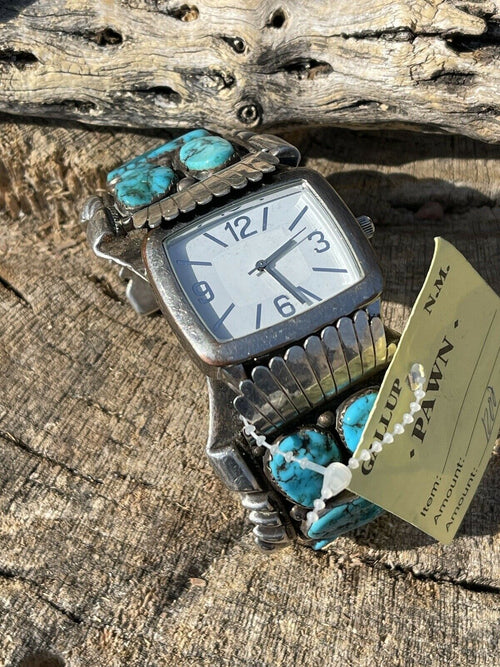 Vintage Handcrafted Sterling Silver & Kingman Turquoise Non Working Watch Bracelet