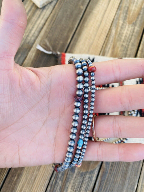 Navajo Turquoise, Spiny & Sterling Silver Pearl Triple Strand Beaded Necklace