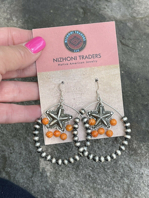 Navajo Sterling Silver Bead Orange Spiny Texas Hoop Earrings