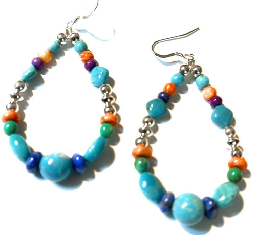 Navajo Sterling Silver Turquoise Multi Stone Beaded Hoop Dangle Earrings