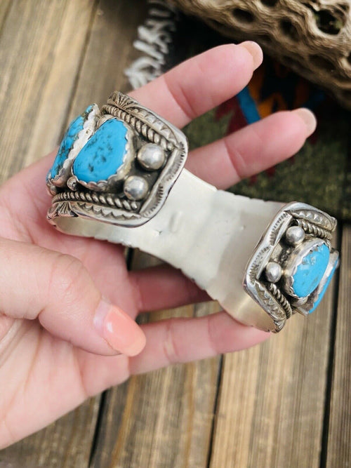 Vintage Old Pawn Navajo Kingman Turquoise & Sterling Silver Watch Cuff