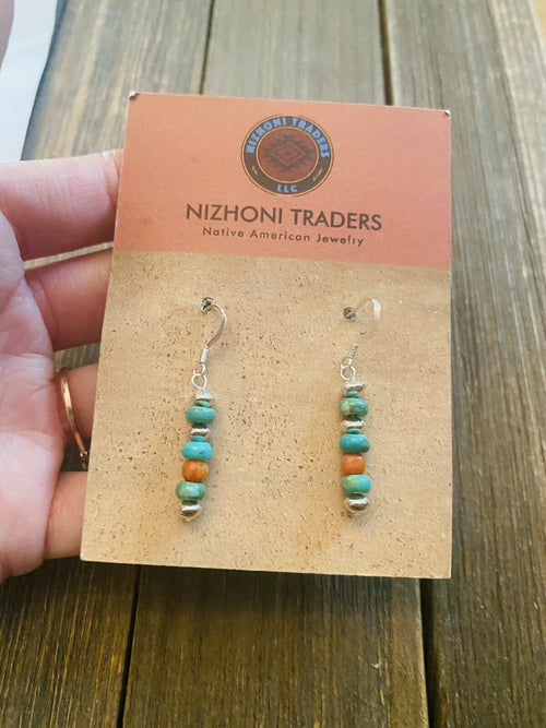 Navajo Sterling Silver, Turquoise & Coral Beaded Dangle Earrings