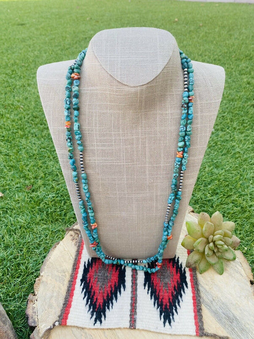 Navajo Turquoise, Spiny & Sterling Silver Beaded 60 Inch Necklace