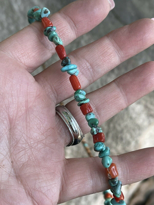 Navajo Turquoise, Heishi and Coral Beaded 16 Inch Necklace