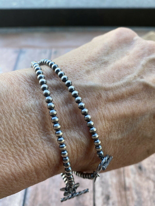 Sterling Silver 3mm 7.5 Inch Handcrafted Pearl Style  Beaded Bracelet