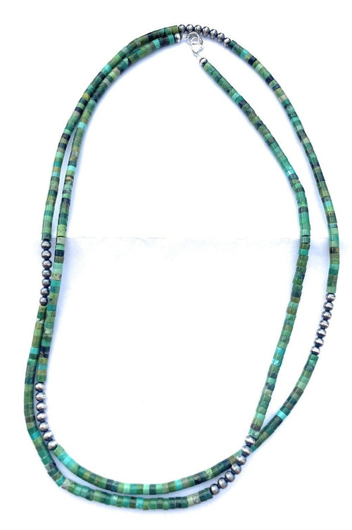 Navajo Turquoise & Sterling Silver Beaded 40 Inch Necklace