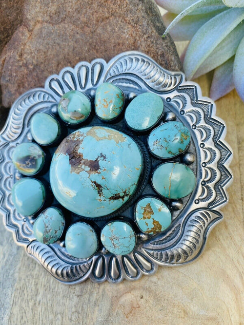 Stunning Vintage Navajo Number 8 Turquoise & Sterling Silver Belt Buckle Signed