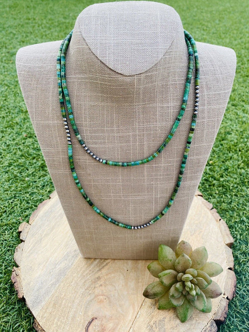 Navajo Turquoise & Sterling Silver Beaded 40 Inch Necklace