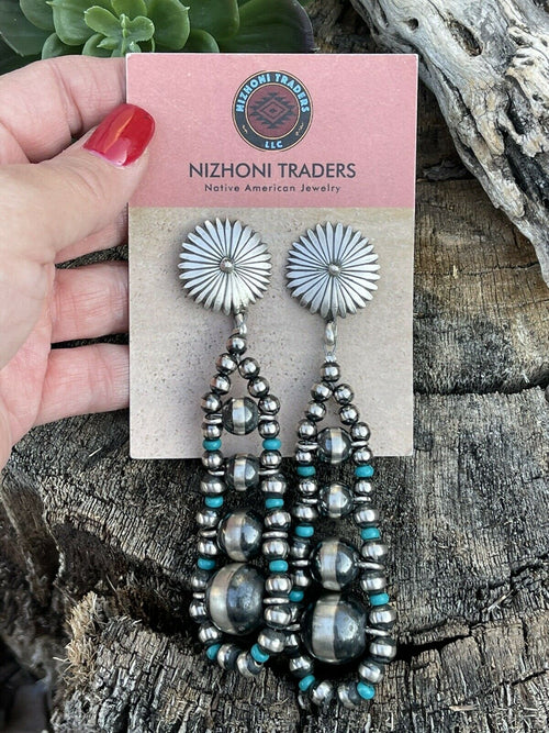 Navajo Sterling Silver Turquoise Gradual Bead Dangle Earrings