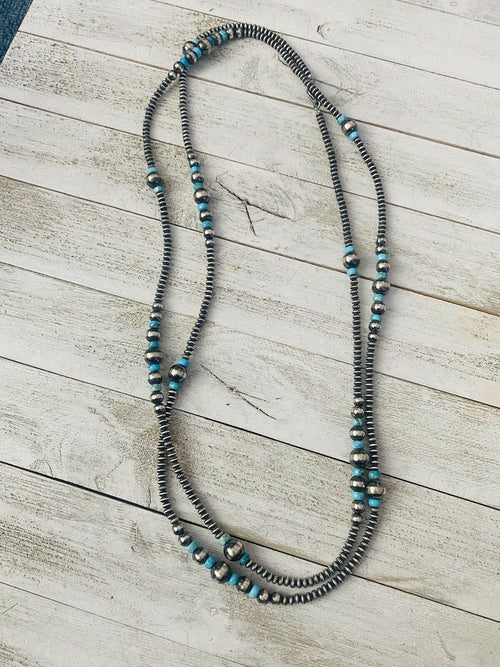 Navajo Turquoise & Sterling Silver Pearl Beaded 60 Inch Necklace