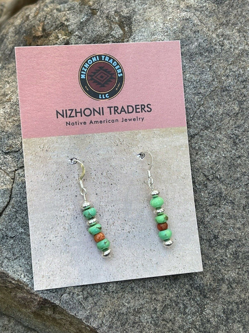 Navajo Sterling Apple Coral  & Green Kingman Turquoise Dangle Bead Earrings