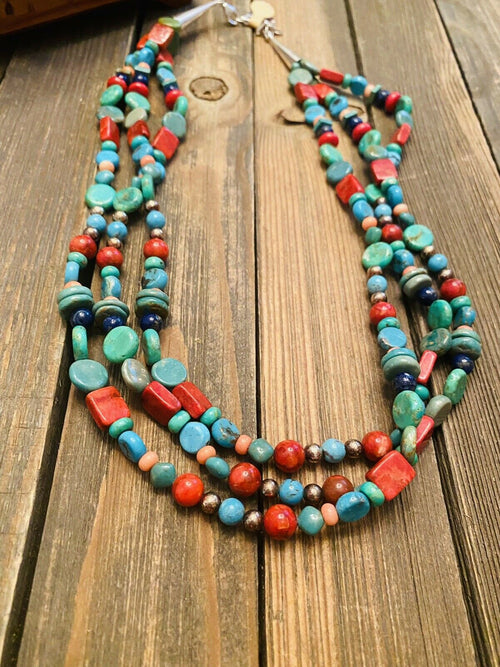 Navajo Sterling Silver & Multi Stone Beaded 3-Strand Necklace