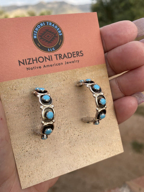 Zuni Sterling Silver & Turquoise Hoop Earrings