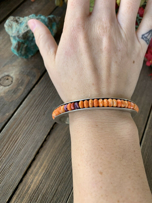 Navajo Spiny & Multi stone Sterling Silver Beaded Bangle Bracelet