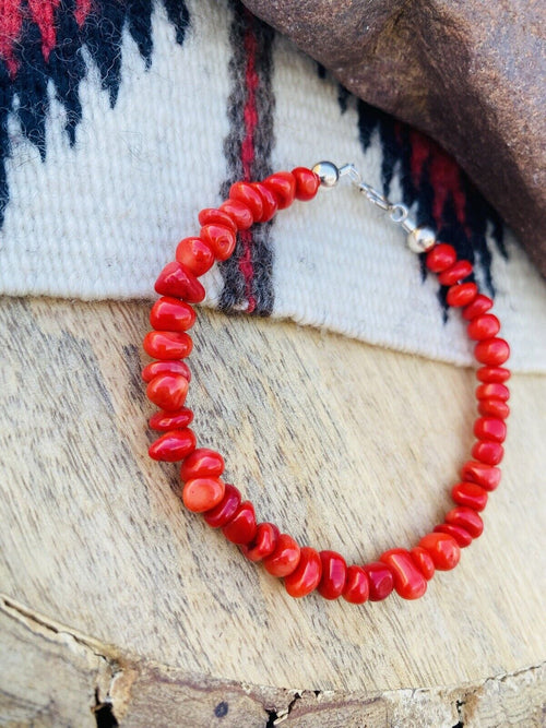 Navajo Apple Coral & Sterling Silver Beaded Bracelet