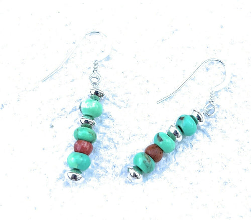 Navajo Sterling Apple Coral  & Green Kingman Turquoise Dangle Bead Earrings