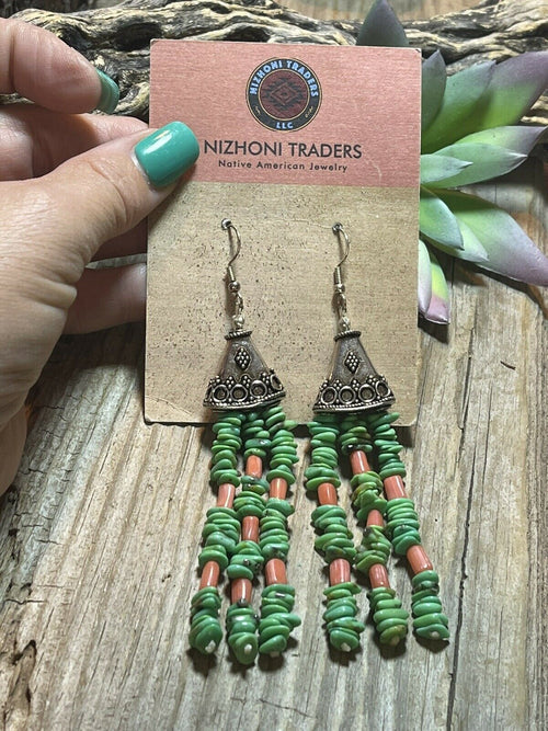 Navajo Sterling Dyed Green Kingman Turquoise and Pink Coral Bead Earrings