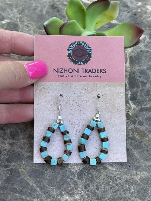 Navajo Turquoise & Jasper Sterling Silver Beaded Dangle Hoop Earrings