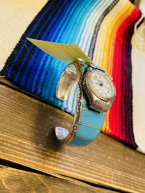 Vintage Navajo Turquoise & Sterling Silver Inlay Watch Cuff Signed