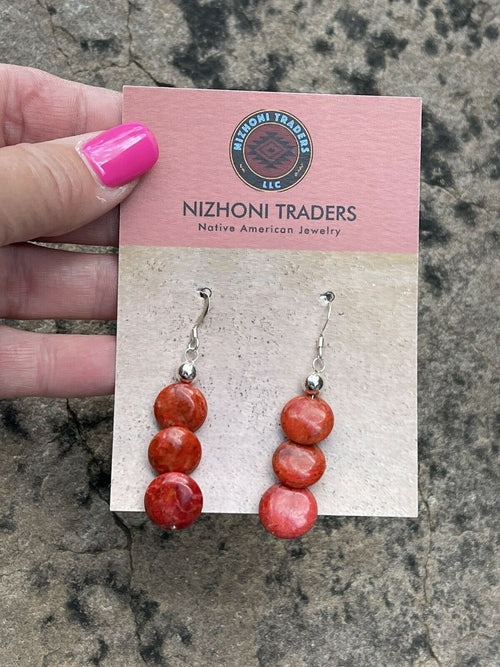 Navajo Sterling Silver Apple Coral 3 Bead Dangle Earrings