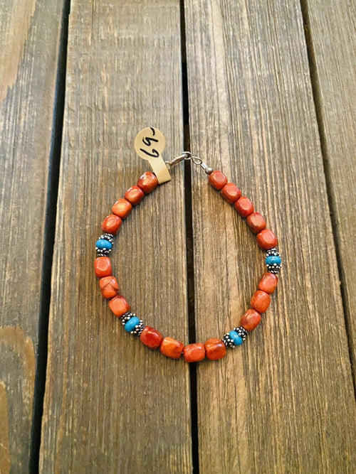 Navajo Coral, Turquoise & Sterling Silver Beaded Bracelet