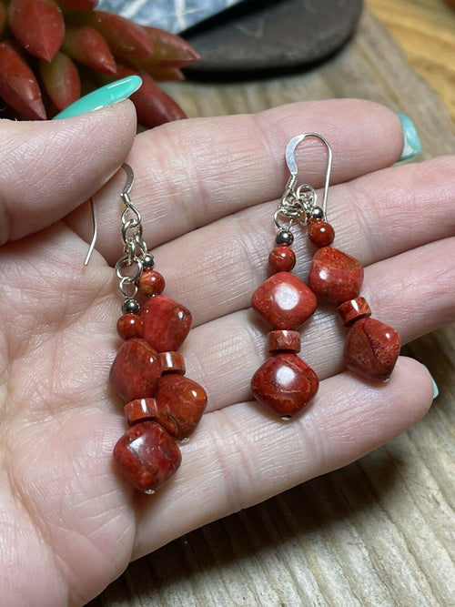 Navajo Sterling Silver Apple Coral 2 Strand Beaded Earrings