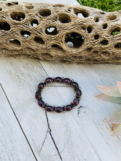 Vintage Navajo Garnet  Sterling Silver Brooch Signed
