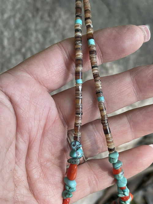 Navajo Turquoise, Heishi and Coral Beaded 16 Inch Necklace