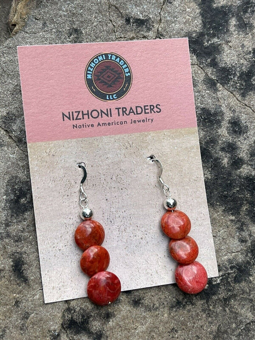 Navajo Sterling Silver Apple Coral 3 Bead Dangle Earrings