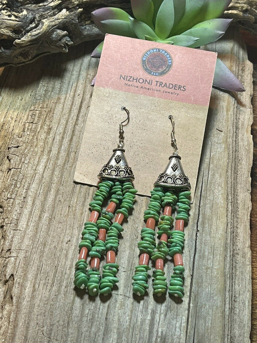 Navajo Sterling Dyed Green Kingman Turquoise and Pink Coral Bead Earrings