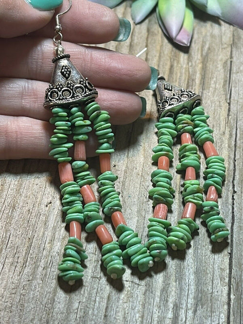 Navajo Sterling Dyed Green Kingman Turquoise and Pink Coral Bead Earrings