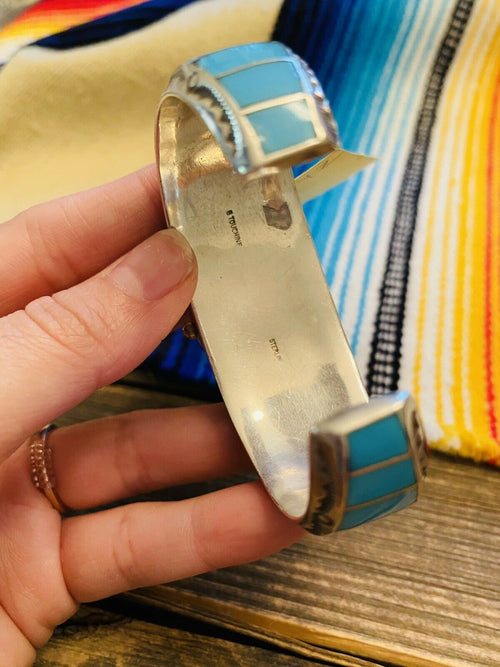 Vintage Navajo Turquoise & Sterling Silver Inlay Watch Cuff Signed