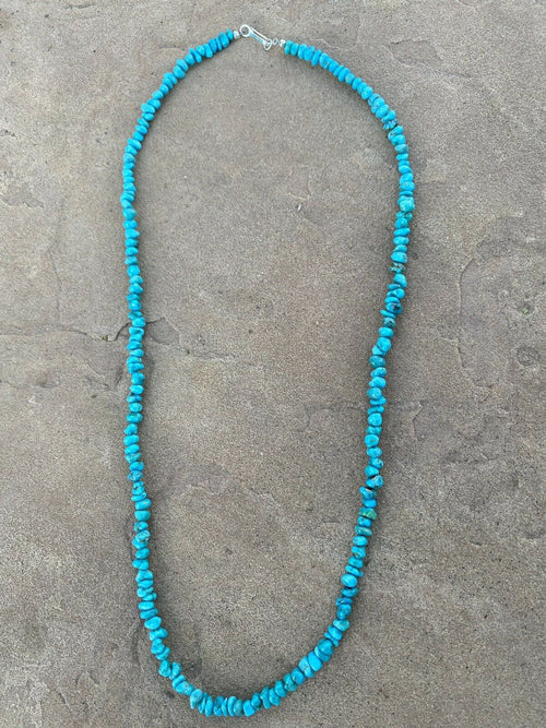 Navajo Natural Sleeping Beauty Turquoise & Sterling Silver Beaded Necklace 24”