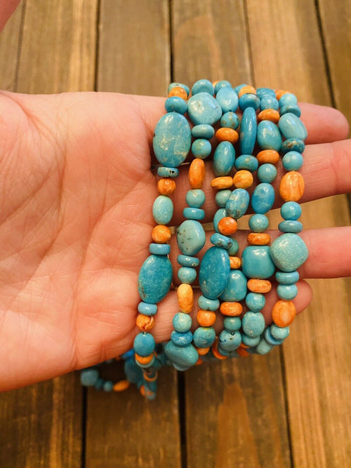 Navajo Turquoise, Spiny & Sterling Silver 6-Strand Beaded Necklace