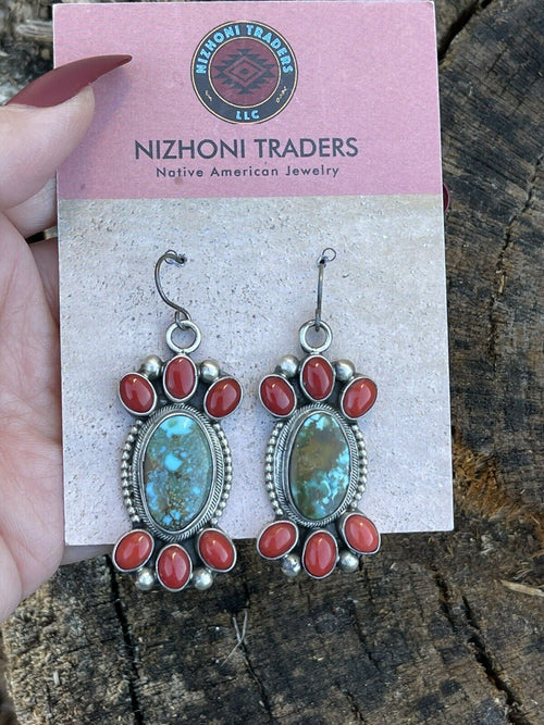 Handcrafted Sterling Kingman Turquoise Natural Red Coral Necklace Set Taos Collection