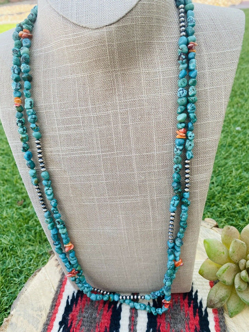 Navajo Turquoise, Spiny & Sterling Silver Beaded 60 Inch Necklace