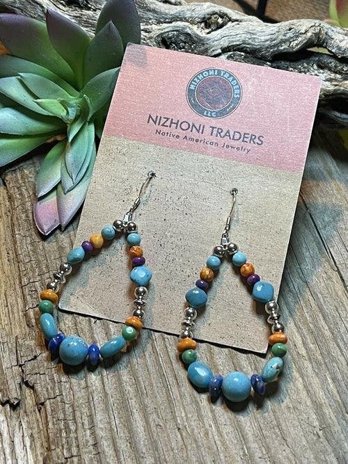 Navajo Sterling Silver Turquoise Multi Stone Beaded Hoop Dangle Earrings